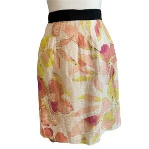 LOFT  Ann Taylor Cream Pink Watercolor Floral Tropical Linen Blend Lined Skirt 6